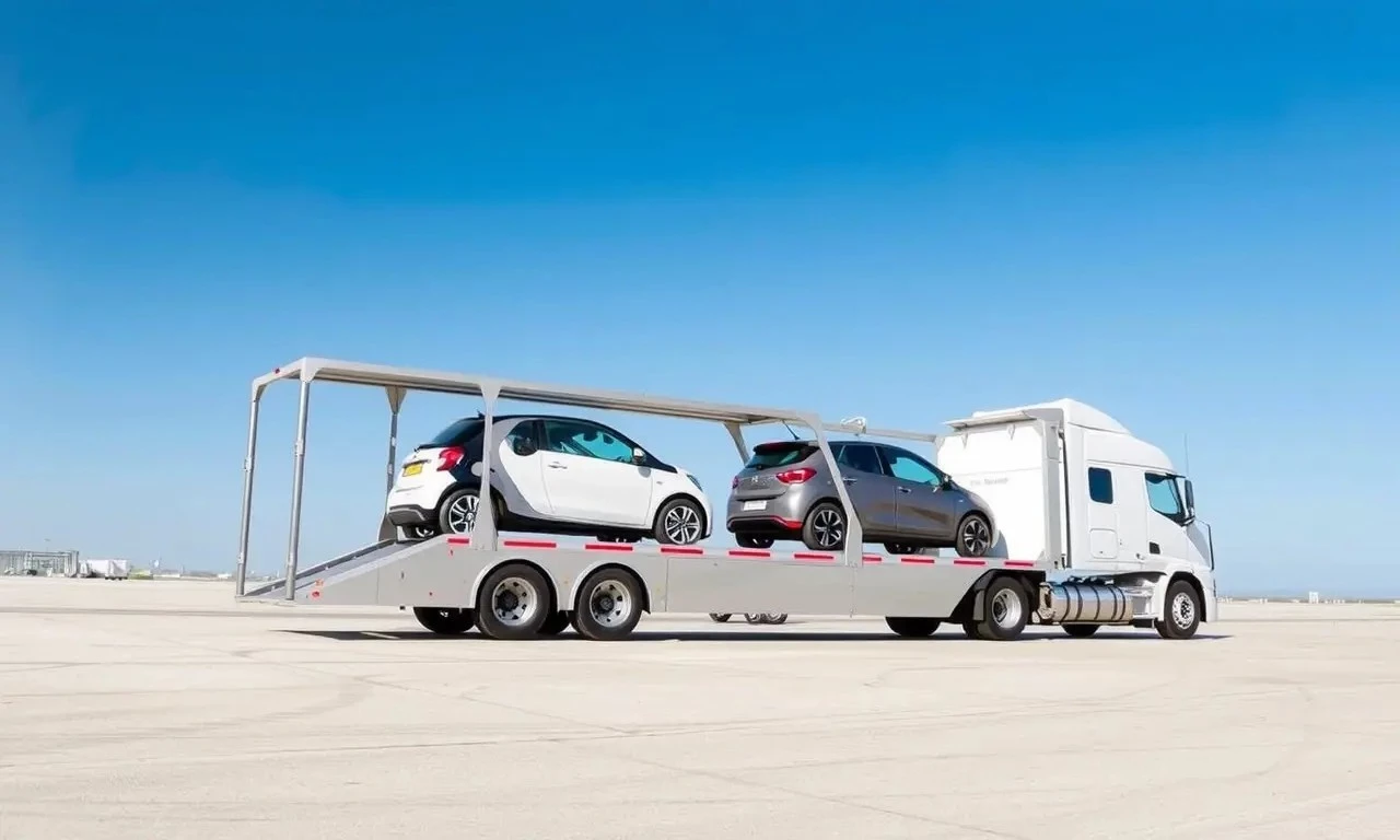 a transporter truck has three compact cars