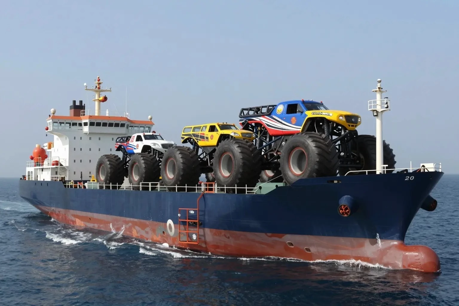 How do monster trucks get transported overseas